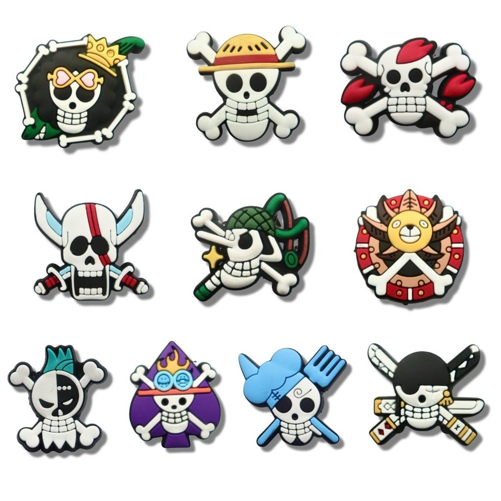 Set charm HUY HIỆU ONE PIECE gắn dép cross, Nút gắn jibbitz sticker anime dép cross cham 2D nhựa PVC
