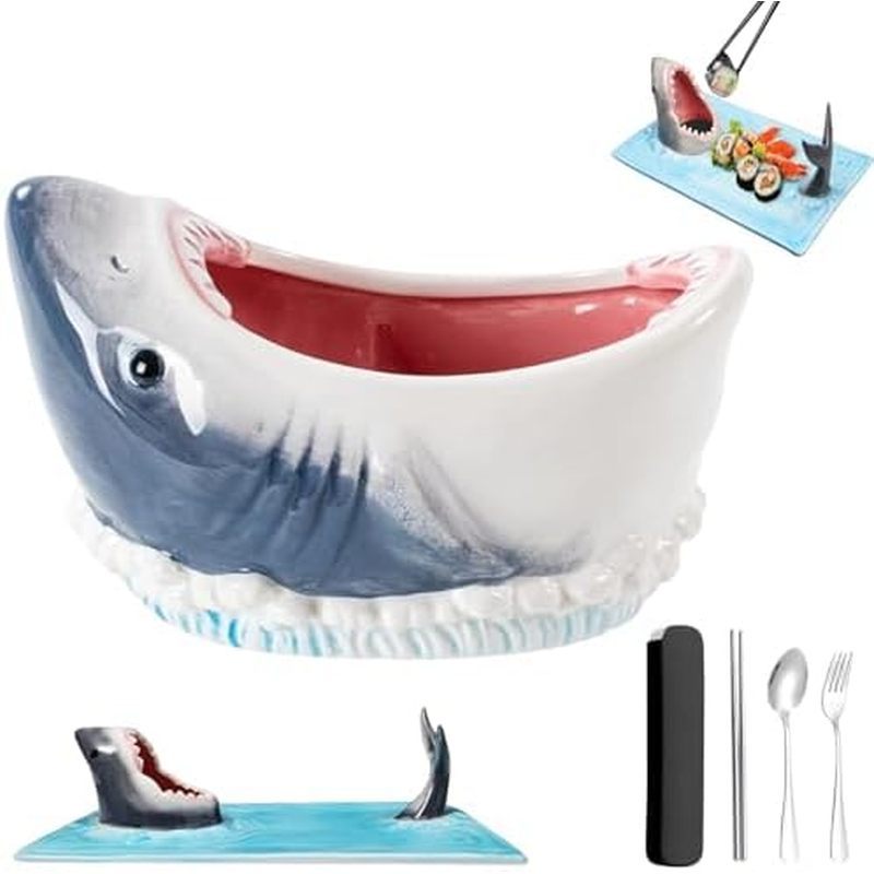 Bảng từ thiện cá mập, Đĩa Sushi cá mập gốm có bát đựng nước sốt tích hợp & Đũa Còn Lại, Bảng SharkCo