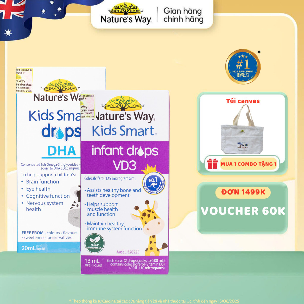 Combo 2 Siro Uống Nature's Way Kids Smart Drops DHA và Infant Drops VD3 Bổ Sung Vitamin D Cho Bé Hộp