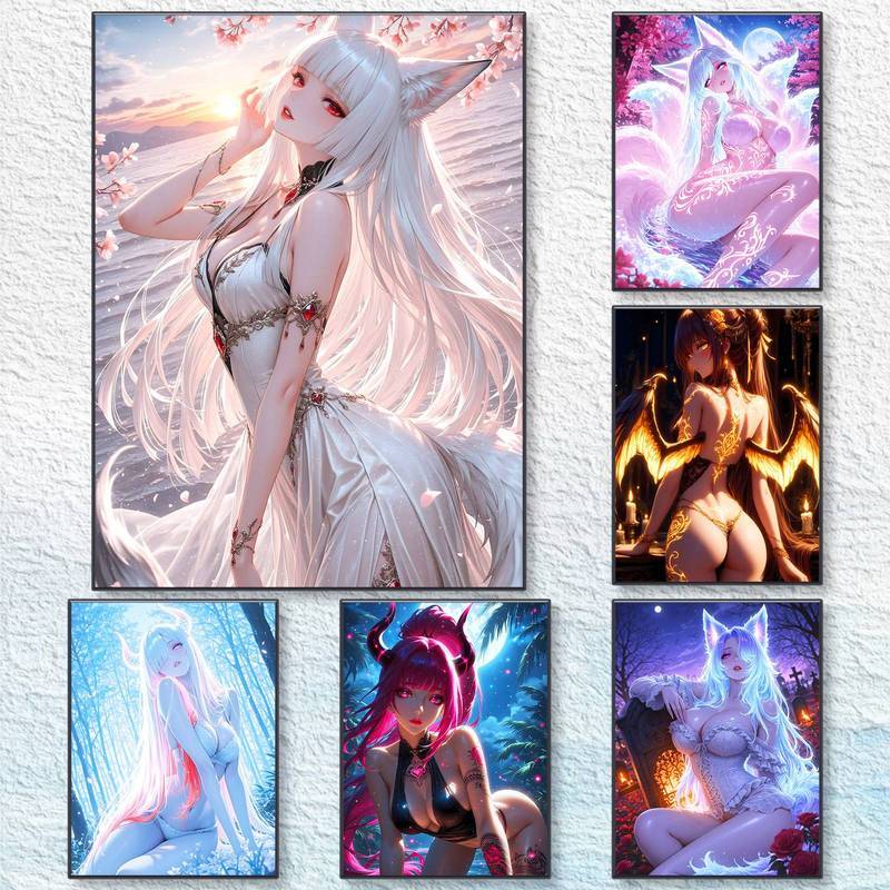 Anime Fox Girl & Demon Girl Wall Art Set, Fantasy Kitsune Succubus Canvas In Hình Không Khung Chống 