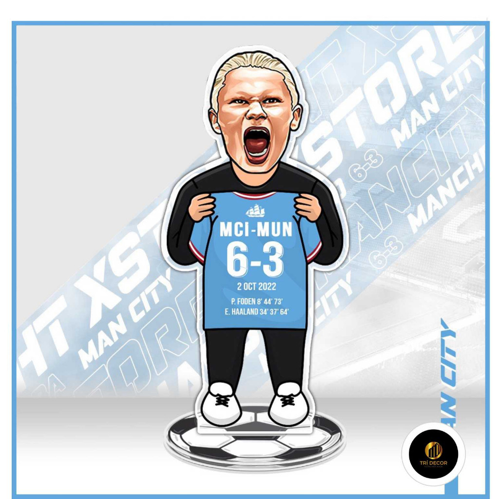 Mô hình standee in hình cầu thủ Erling Haaland CLB Manchester City cầm áo bóng đá tỷ số 6-3, mô hình