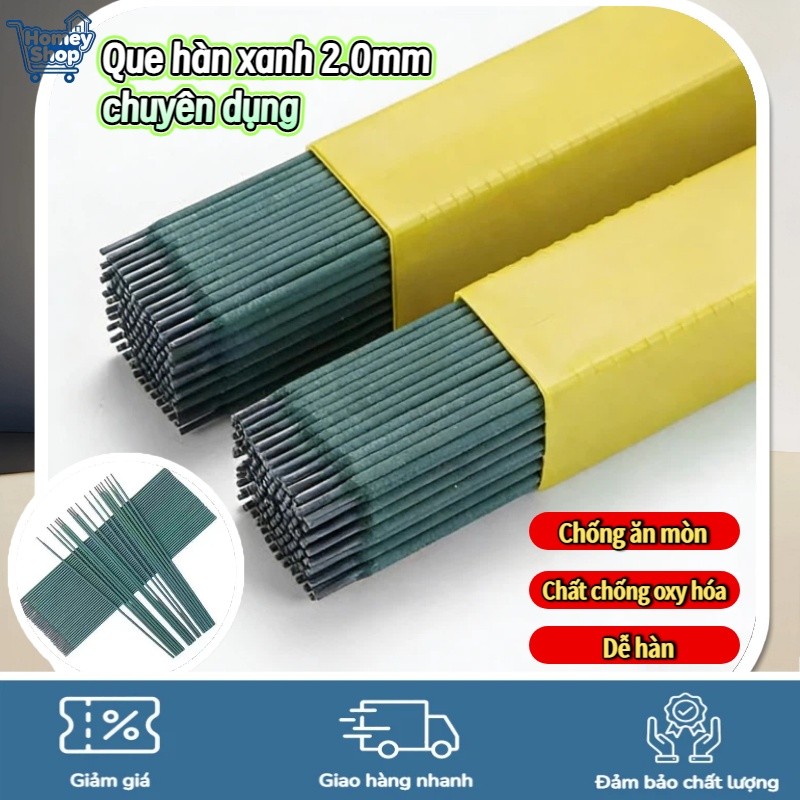Que hàn xanh 2.0mm chuyên dụng, chất lượng cao cho hàn sắt và inox mỏng, mối hàn mịn chắc, phù hợp m