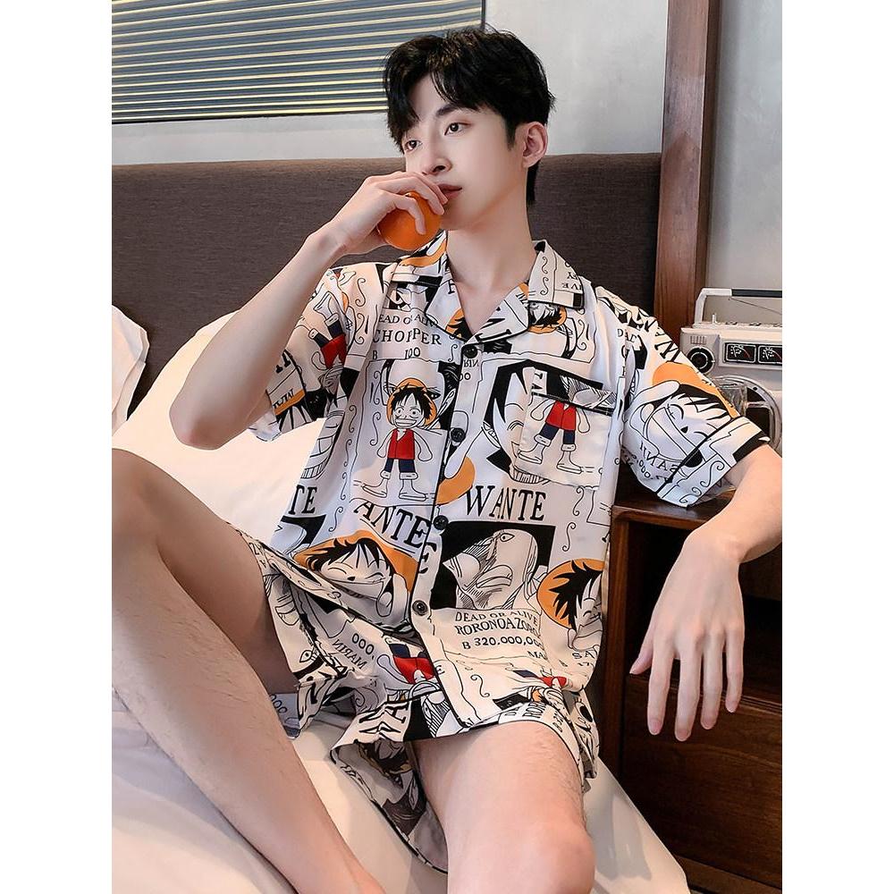 2026新款海贼王冰丝绸短袖睡衣男款青少年薄款卡通男生初中家居服套装One Piece Ice Silk Short Sleeve Pajamas for Men Teenagers20260515