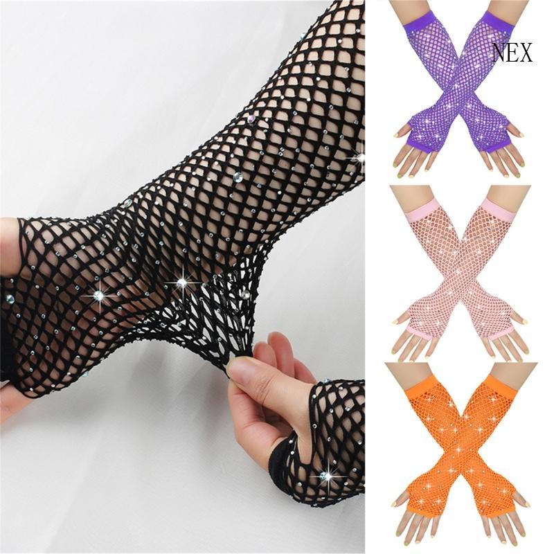 NEX Blingbling Fishnet Găng Tay Fishnet Găng Tay Dự Tiệc Phụ Kiện Rỗng Fishnet Găng Cho Buổi Hòa Nhạ
