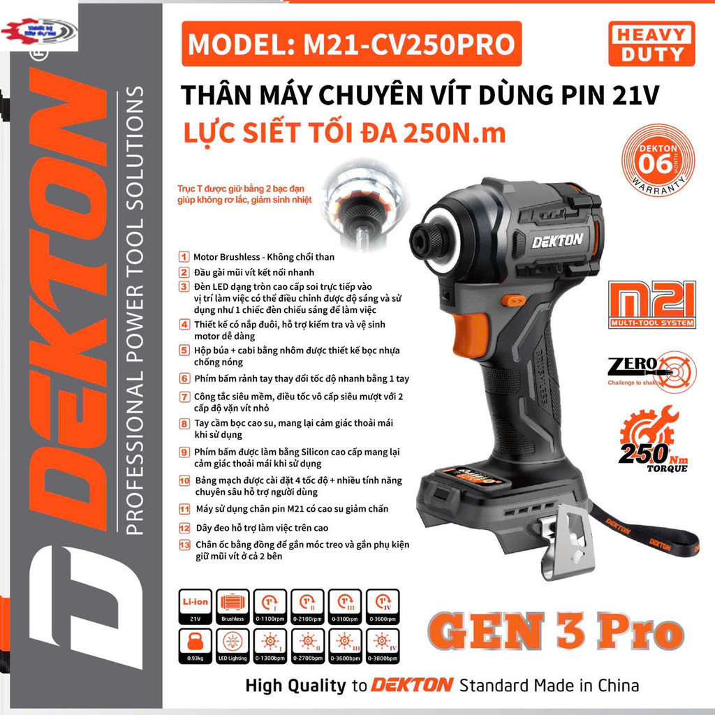 Chuyên Vít 250Nm GEN 3 DEKTON M21-CV250PRO ( Thân máy  ) Thiết Bị giá tốt