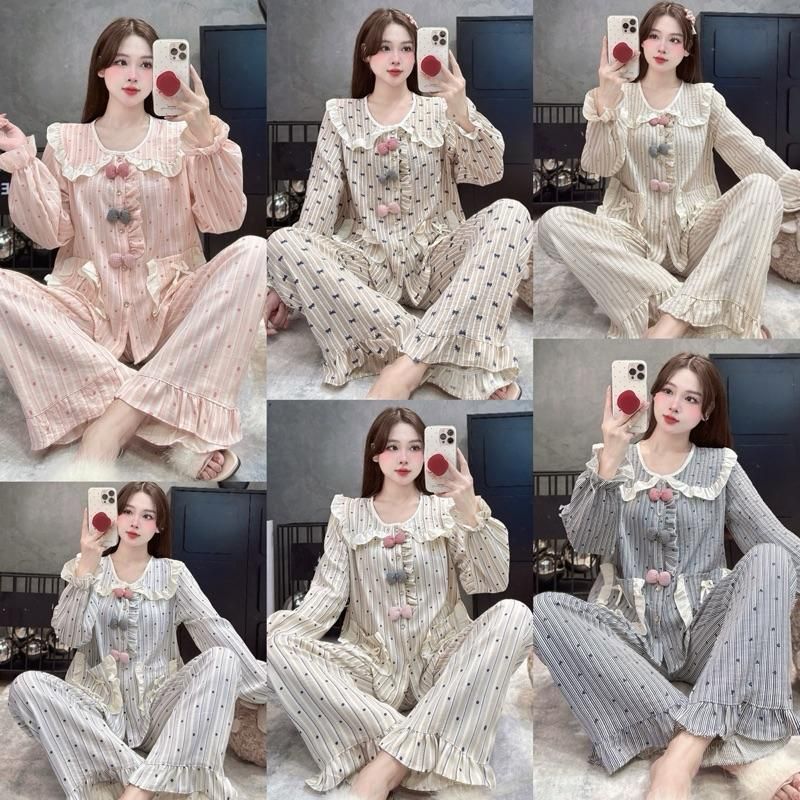 Bộ Mặc Nhà Cổ Sen viền bèo 3 nơ chất liệu Vân mây mới mềm đẹp dễ thương cho Nữ DD018 Sammy - Nữ