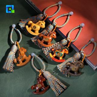 Móc khóa ngựa ZYJC, Dây chuyền điện thoại di động bằng gỗ truyền thống, Linh vật may mắn phong cách Trung Quốc có tua rua Trang trí túi đựng ngựa thủ công