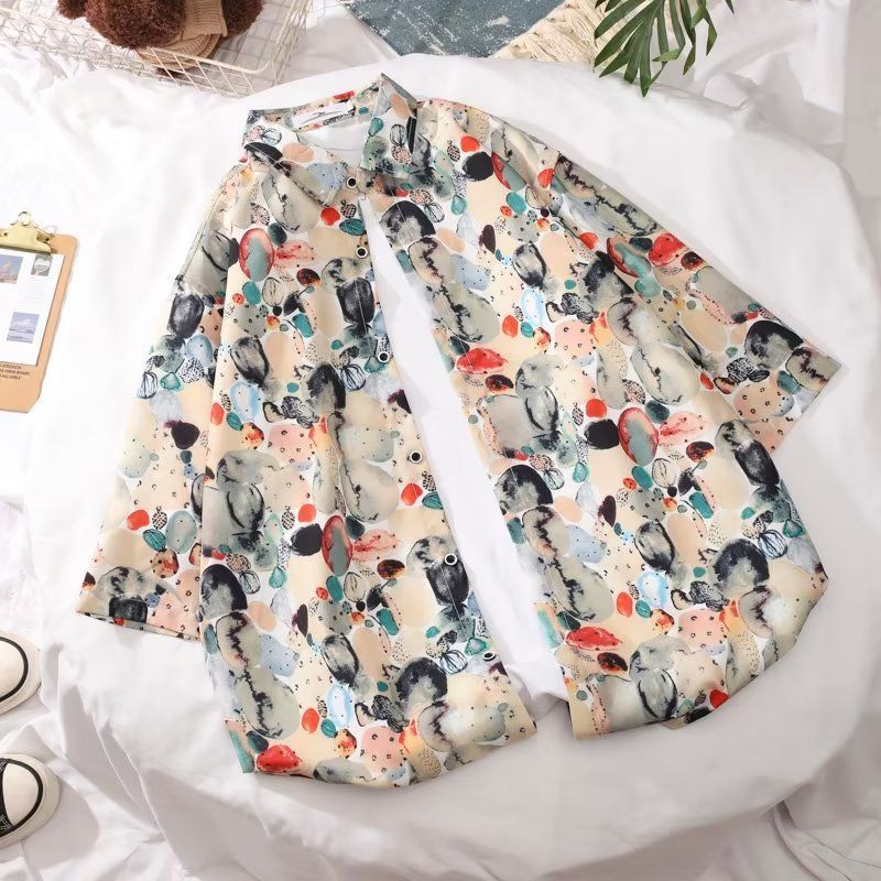 Áo sơ mi hoa Nhật Bản retro tay ngắn, phong cách Hồng Kông sang trọng - E035