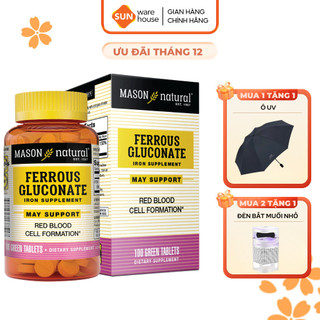  Viên Uống Sắt Cho Bà Bầu MASON NATURAL Ferrouse Gluconate Giúp Bổ Máu Tăng Tế Bào Hồng Cầu Không Tanh - 50 100 Viên 