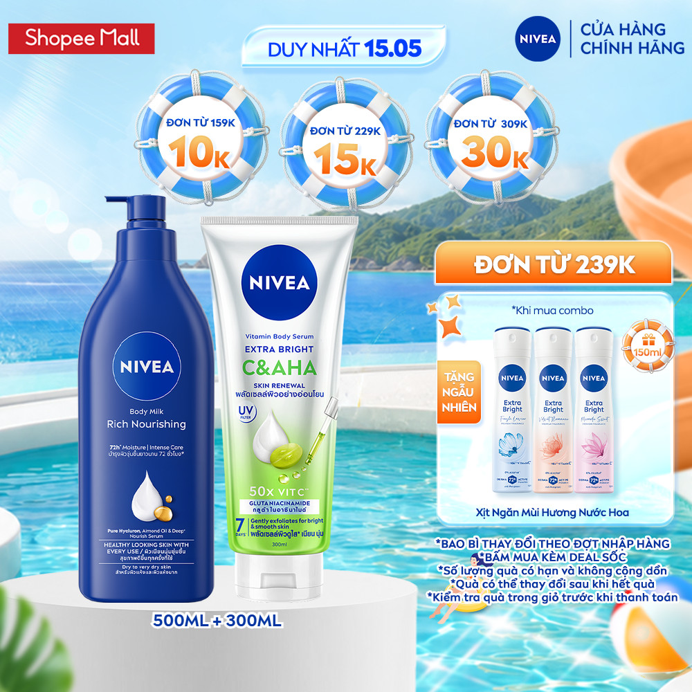 Bộ 2 Sữa Dưỡng Thể NIVEA Dưỡng Ẩm Chuyên Sâu (500 ml) và Tinh Chất Dưỡng Thể NIVEA Vitamin C&AHA (30