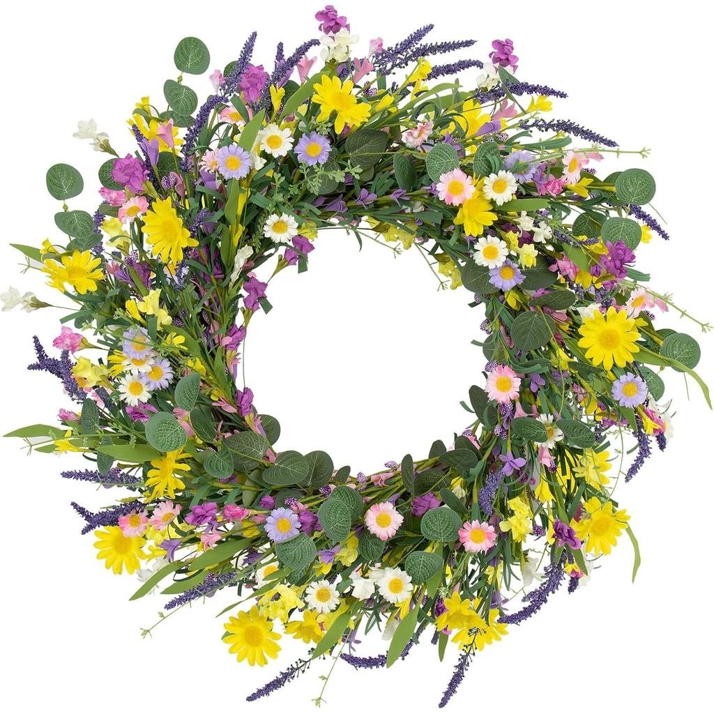 Vòng hoa lò xo J 'FLORU cho cửa trước Vòng hoa mùa hè nhân tạo 22 Inch Vòng hoa cúc và hoa oải hương