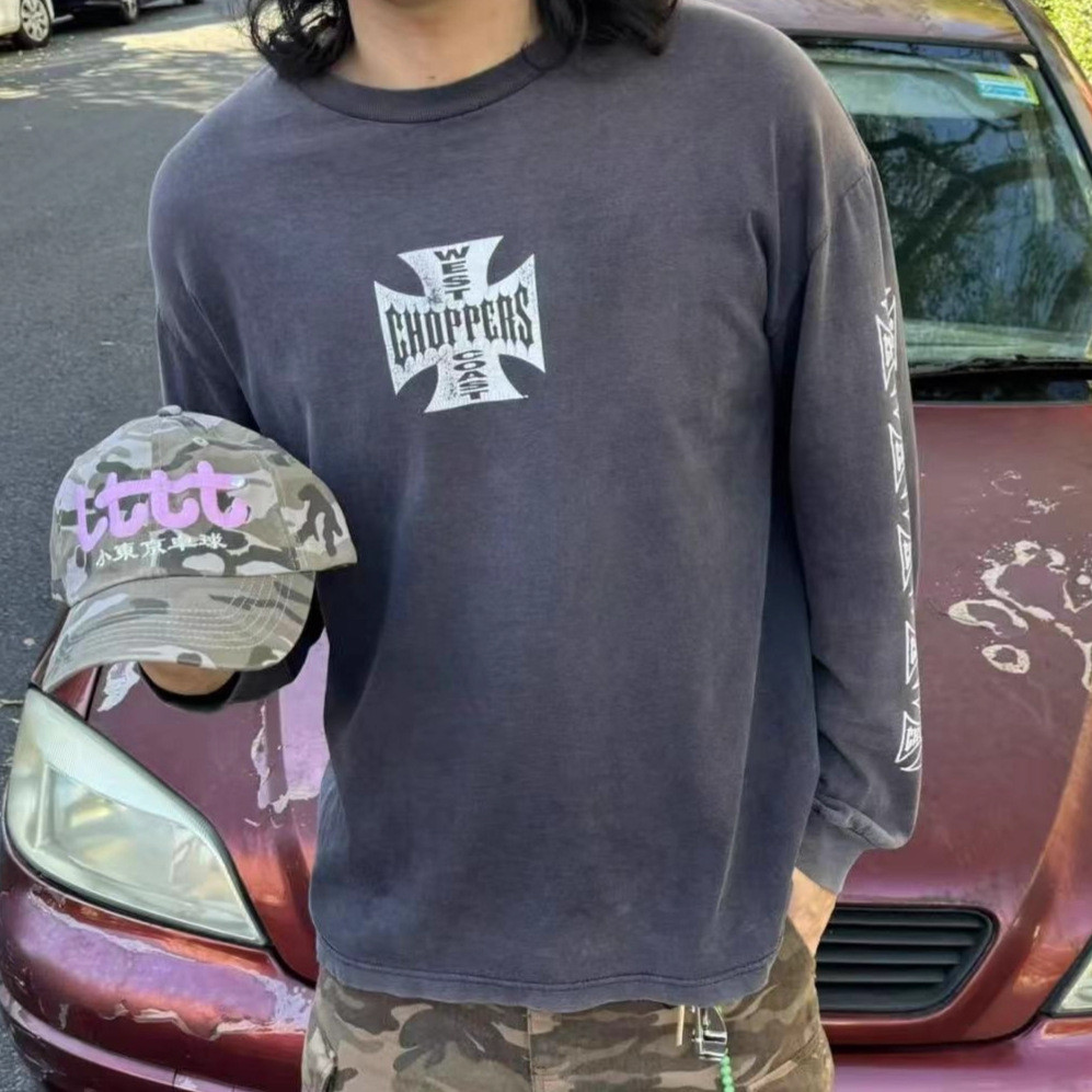 UDWD Street Retro West Coast Choppers West Coast Washed Vintage Cross Loose Long Sleeve T Shirt