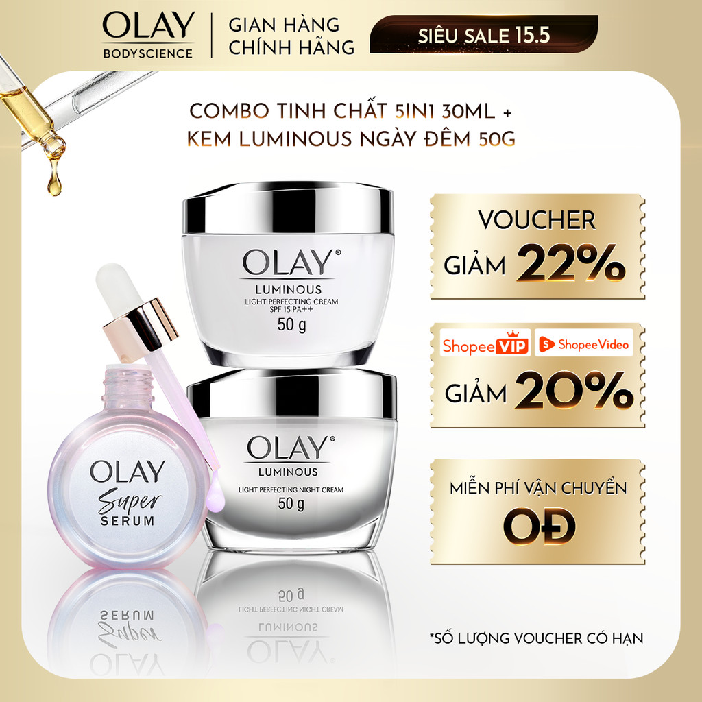 Combo Super Serum OLAY 5IN1 30ml + Kem Dưỡng Da Ngày + Đêm OLAY Luminous Sáng da Mờ Thâm Nám SPF15 P