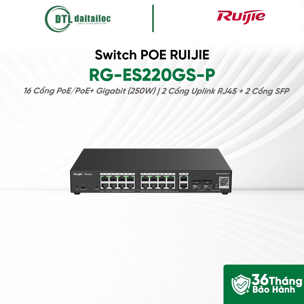Switch POE RUIJIE RG-ES220GS-P (16P+2P UPLINK+2P LAN) 1000Mp (Kèm Nguồn) | Chính hãng | Bảo hành 36 