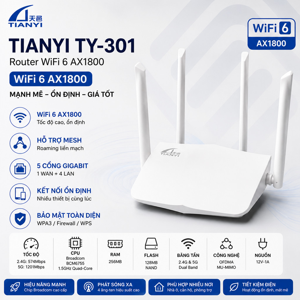 Bộ phát wifi 6 Router WiFi 6 Tianyi TY-301 AX1800 Mesh Gigabit hiệu năng mạnh mẽ, hỗ trợ Mesh, phát sóng ổn định hàng cũ | BigBuy360 - bigbuy360.vn