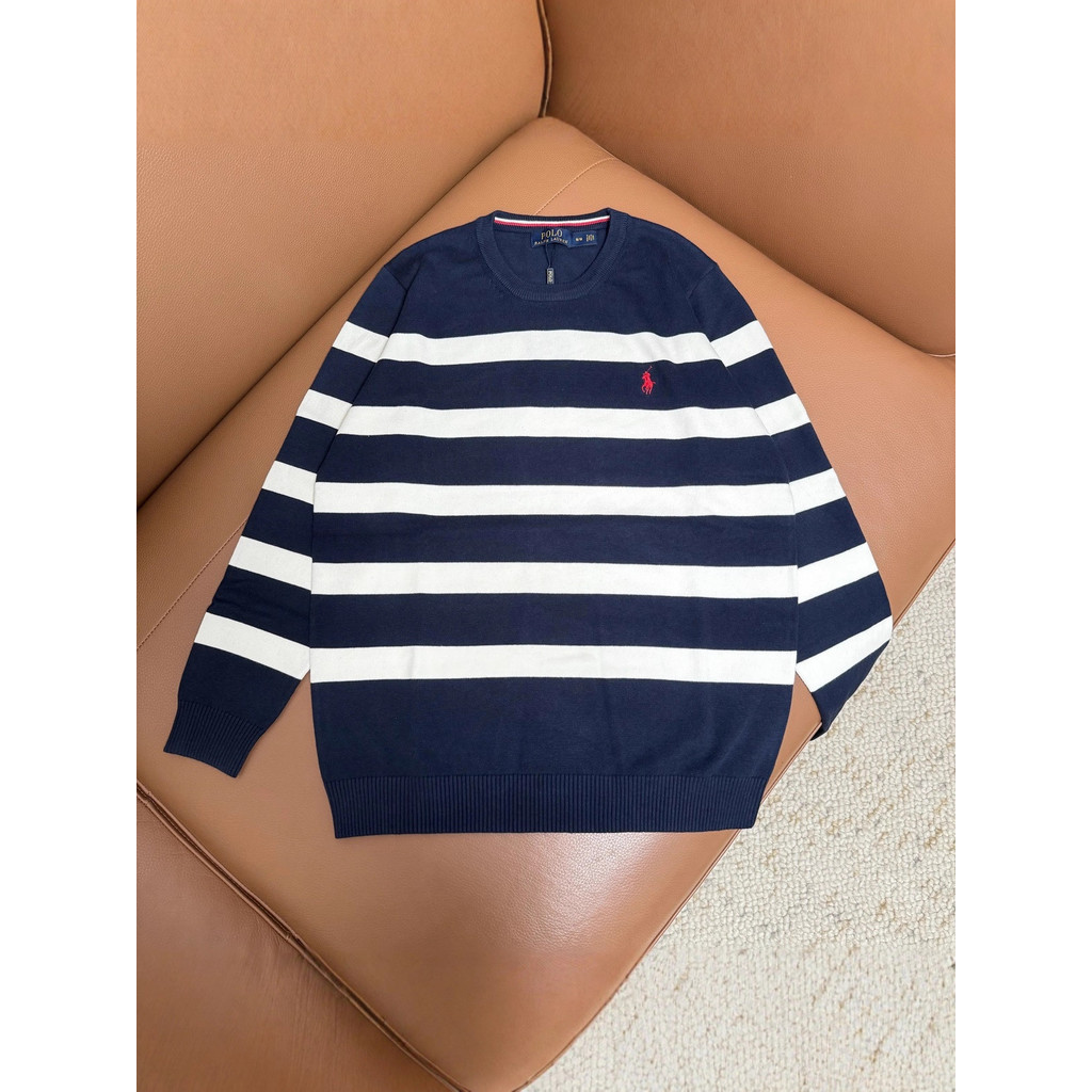 BLZB RL Pony Embroidered Striped Crew Neck Knitted Sweater Classic Old Money Style Lazy Couple Style