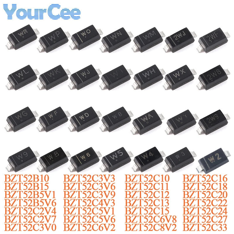 100 cái BZT52B5V1 BZT52B5V6 BZT52B10 BZT52B15 BZT52C2V4 BZT52C2V7 BZT52C3V0 BZT52C3V3 BZT52C3V6 BZT5