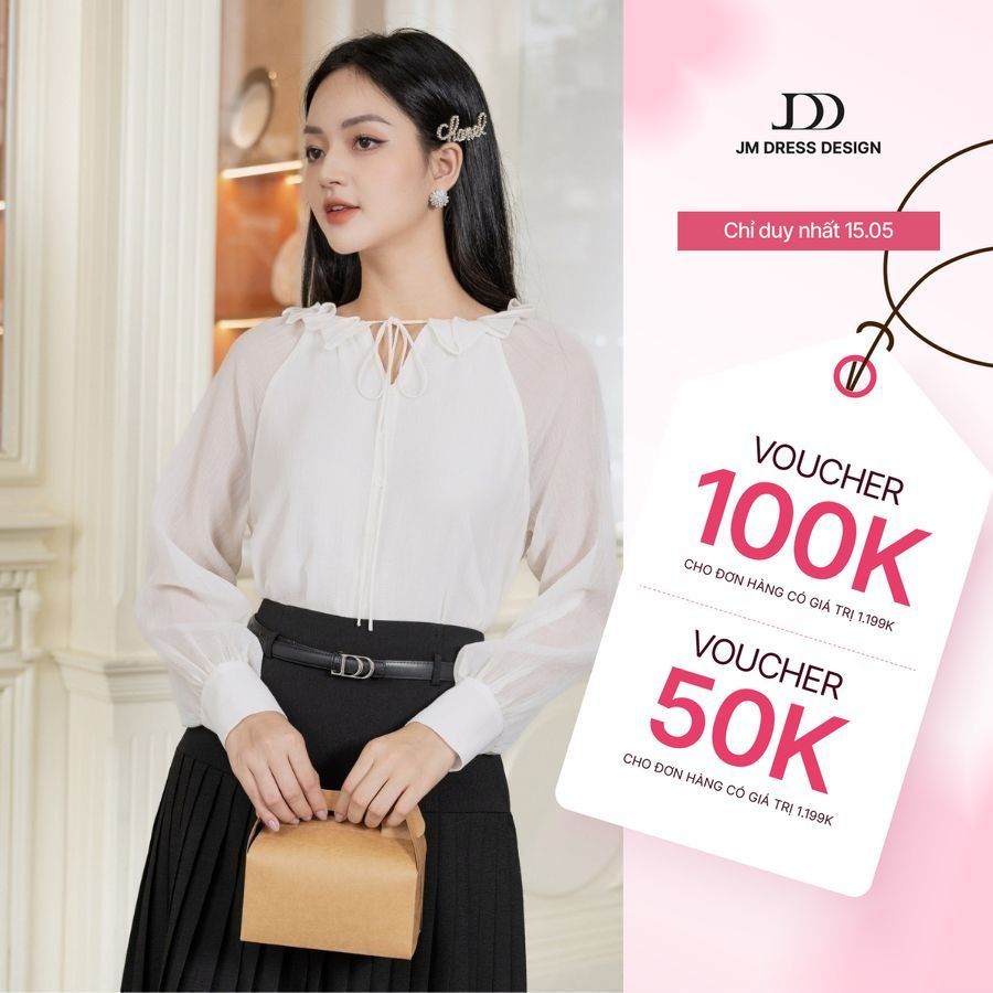 Áo sơ mi thiết kế JM Dress Design cổ V phối bèo tay raclang 2S27.2309WF