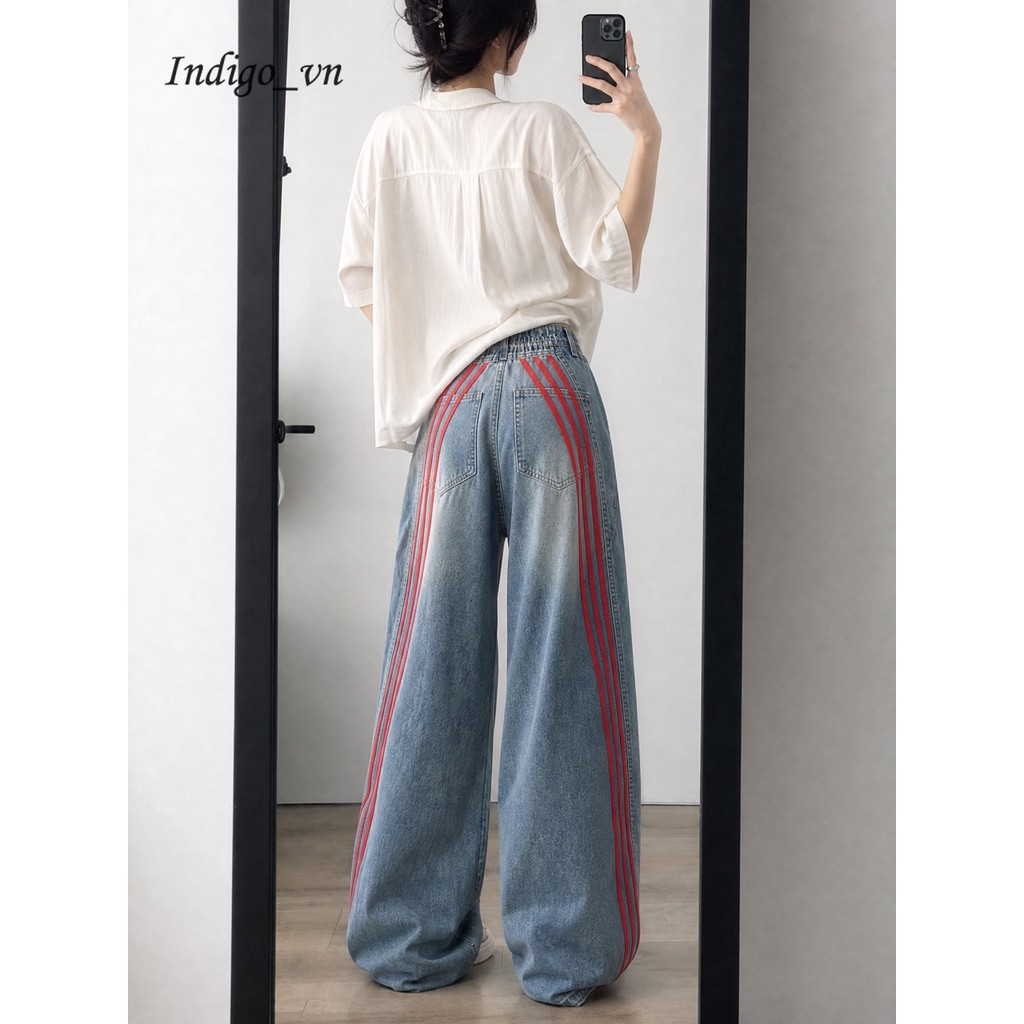 【Indigo】DADULAY Quần Jean Cũ Khâu Sọc Cao Đường Phố Quần Jean Ống Đứng Quần Ống Rộng