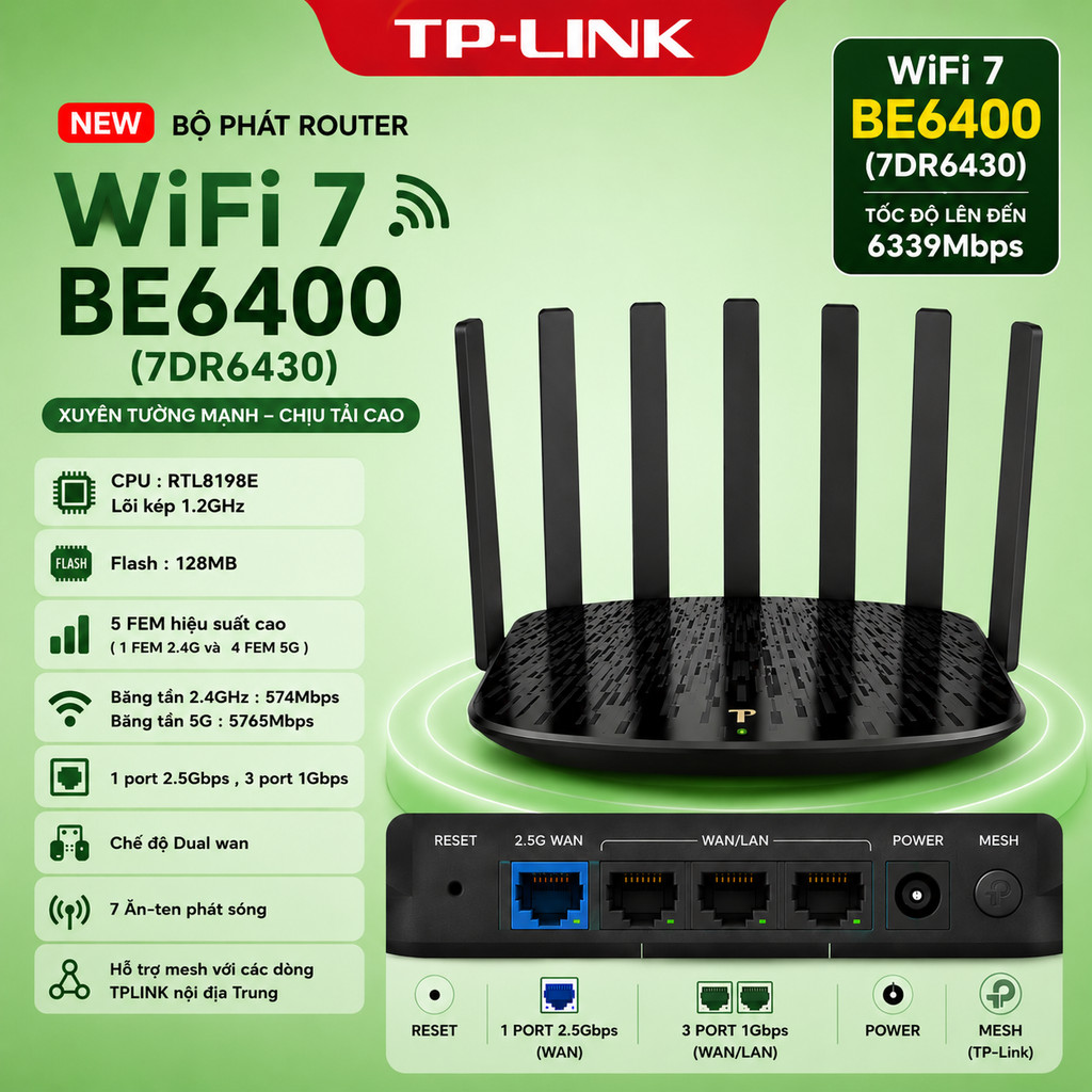 TP-Link Wifi 7 7dr6430 Wifi7  Cổng 2,5G /  Wifi Mesh Wifi 7  🅼🅸 BE3600 3600 / ZTE E3713 2.5G 4 cổng LAN WAN Gigabit | BigBuy360 - bigbuy360.vn