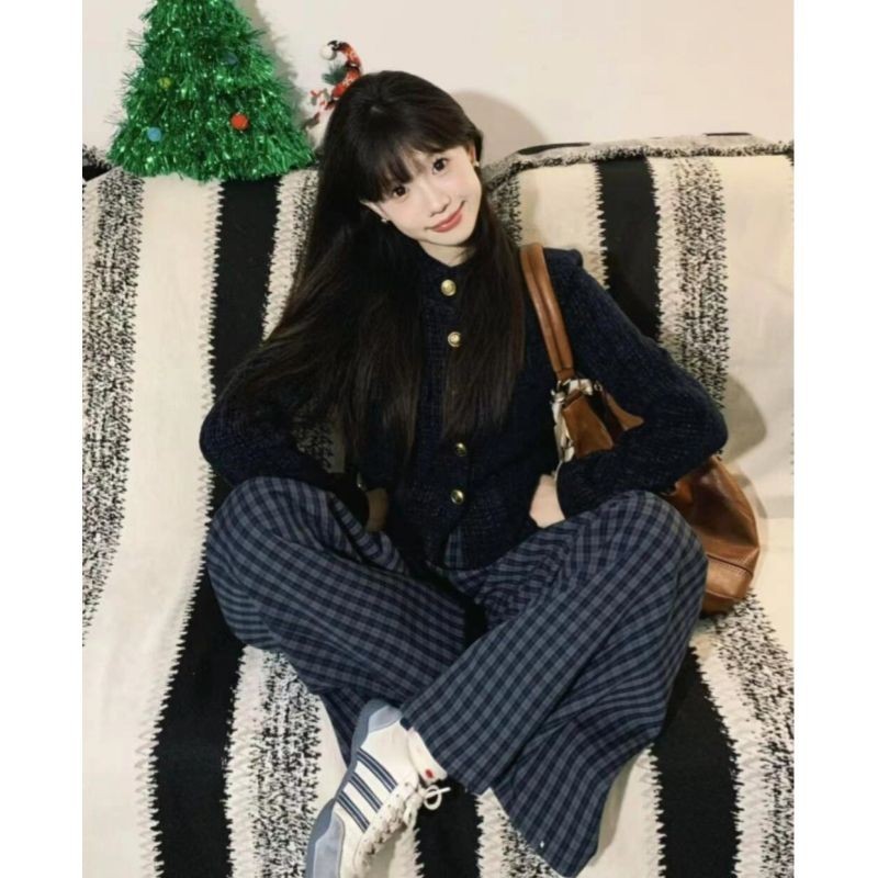 Áo khoác ngắn nữ style retro kẻ sọc rộng