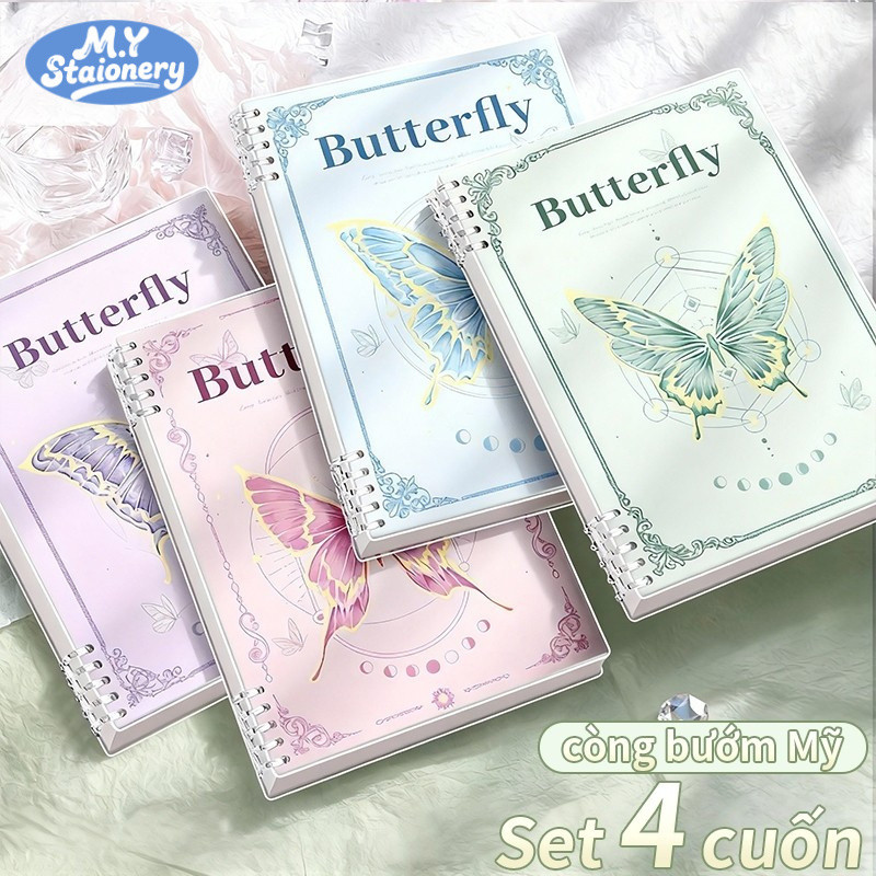 Sổ Còng Pastel Hình Bướm M.Y 120 Trang Giấy 80gsm Kẻ Ngang/ Caro, Sổ Học Sinh phong cách Conqutte