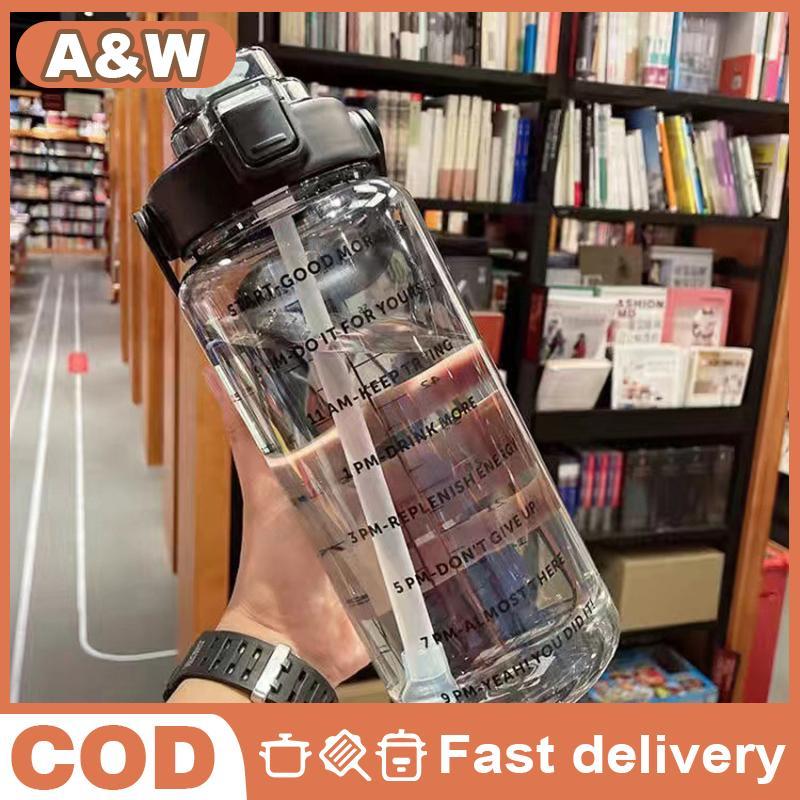 [WHP] 2L Water Bottle with Straw Time Marker Portable Female Fitness Travel Cold Water Cup