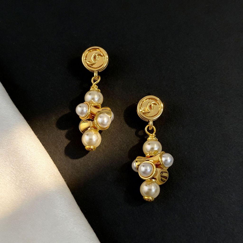 New gold stacked barbell bead double pendant earrings, versatile pearl drop earrings