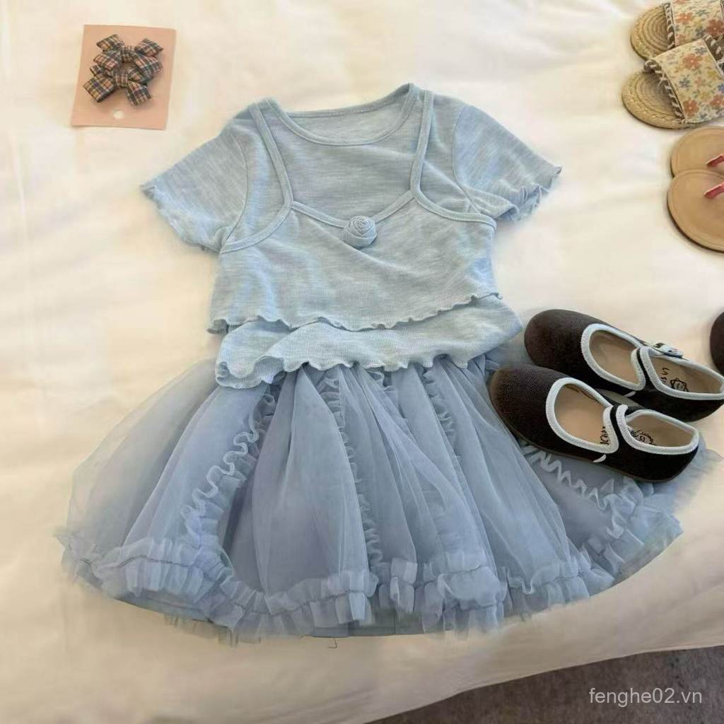 Bộ 2 Món Cotton Bé Gái Váy Bánh Công Chúa Puffy Gạc Váy Ba Lê Phong Cách Phù Hợp Với 5GIL