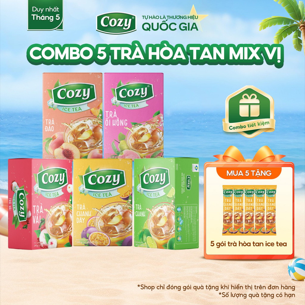 [COMBO 5] Hộp Trà Cozy Hòa Tan (5 hộp x 16gói) Vị Trà Đào, Trà Vải, Ổi Hồng, Chanh Dây, Trà Chanh Gi