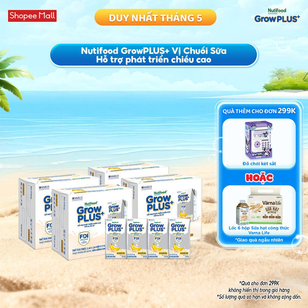 Combo 4 Thùng 24 hộp Sữa bột pha sẵn Nutifood GrowPLUS+ Vị Chuối Sữa hộp 110ml - Trên 1 tuổi