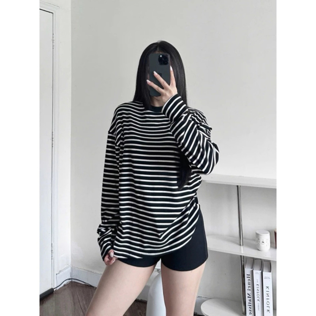 Áo Thun Kẻ Sọc Bigsize Nữ Áo Tay Dài Form Rộng Vải Thun Cotton Co Giãn Cho Chuuby A296 | BigBuy360 - bigbuy360.vn
