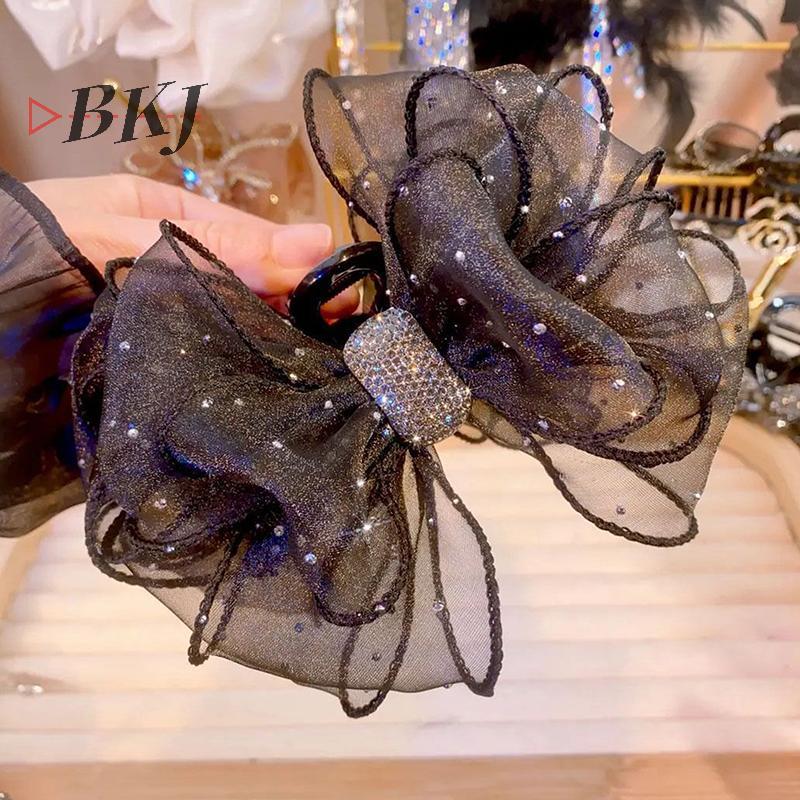 [KJ] Kẹp tóc đính đá nơ lưới đen dành cho nữ (60-100) [Mới]