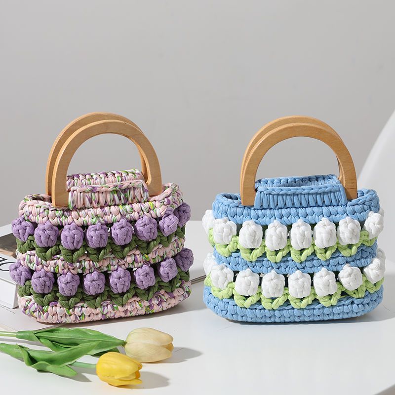 2025 Sản Phẩm Mới Len Handmade Tự Làm Túi Đan Tulip Túi Xách Vải Tự Chế Sợi Móc Túi Tự Làm Chất Liệu