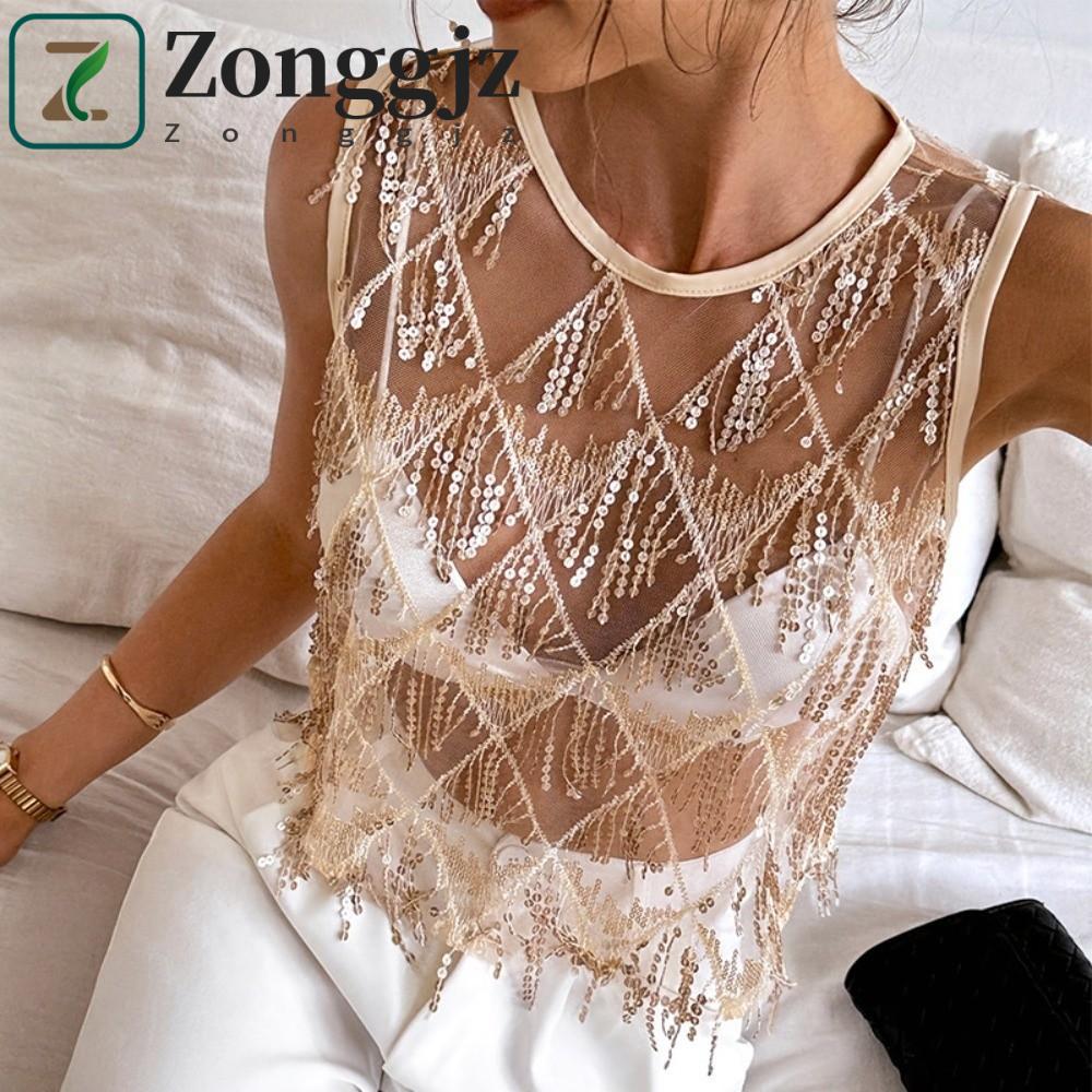 ZONGGJZ Sequin Áo Vest, Loose Fit Fringe Crop Top, Lưới Sang Trọng Không Tay Thêu Sheer Camisole Hot