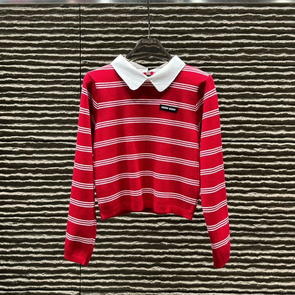 FD0N MIUMIU Autumn Winter New Style Turn-down Collar Striped Knitted Long Sleeve Fashion Versatile