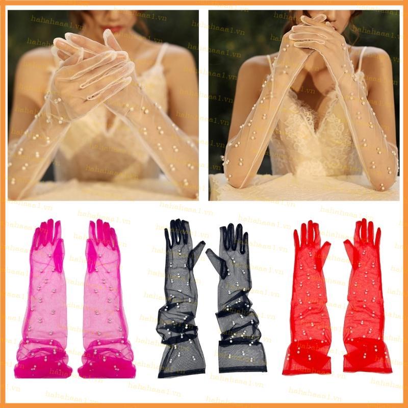 Bridal Gloves Pearls Studded Bride Full Finger Tulle for Women Girls Dress up