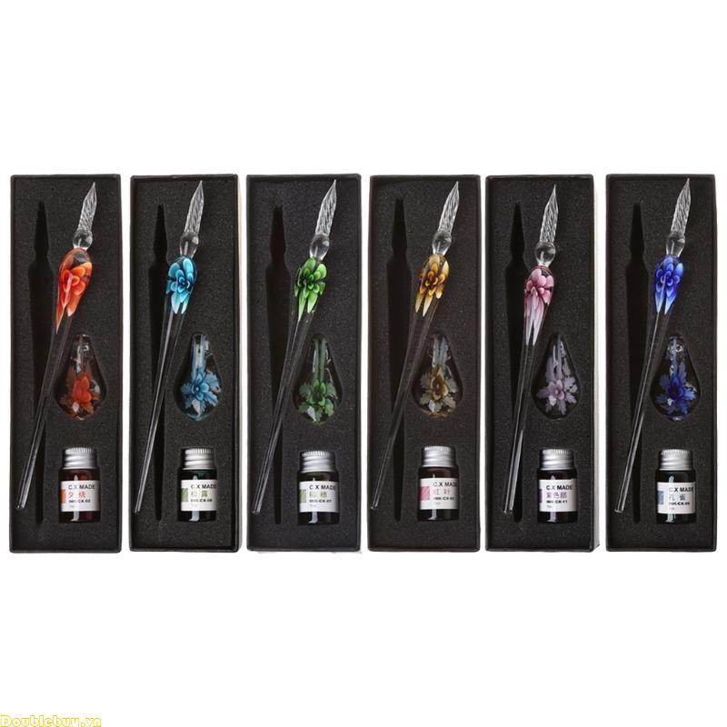 Doublebuy Crystal Floral Glass Dip Pen với Ink Pen Holder Kit Art Elegant Present