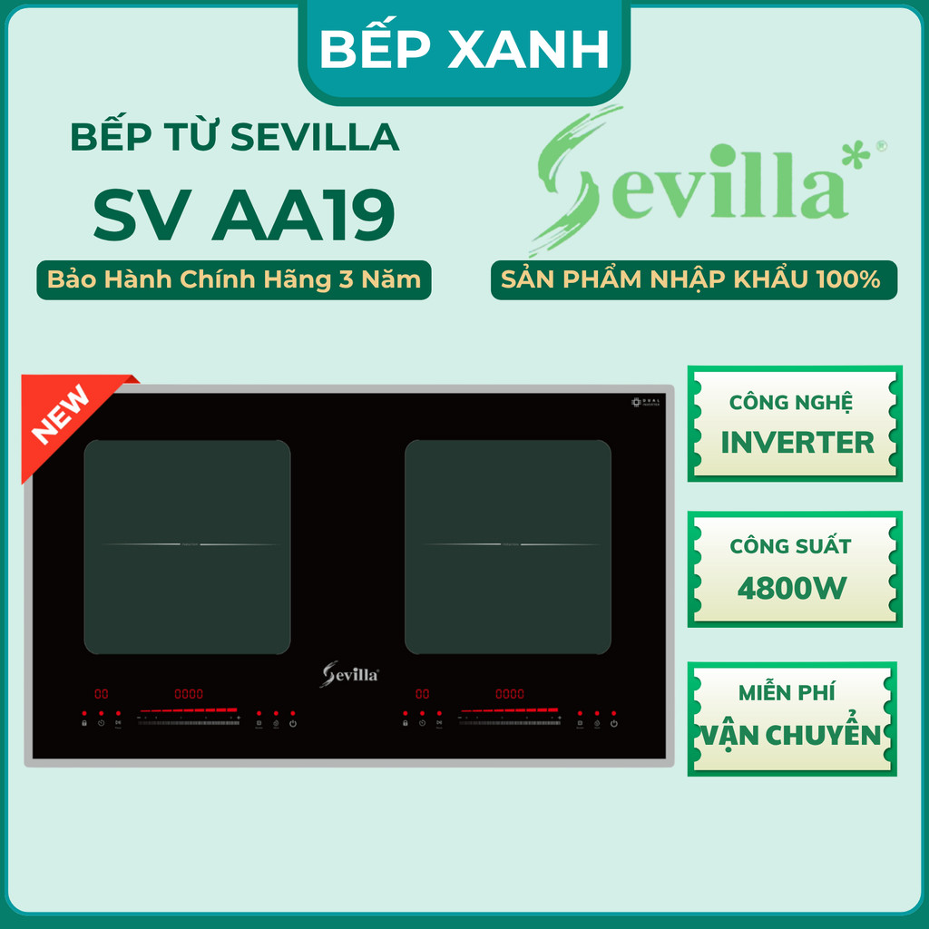 Bếp từ đôi Sevilla SV AA19 Mới Nhất 2026, Inverter, Bo viền, sôi liu diu, Sevilla SV AA19 BH 3 Năm.