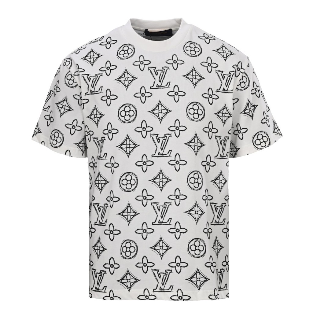 LOUIS VUITTON Áo thun nam nữ cổ tròn ngắn tay 100% cotton in logo phong cách Mỹ PQXD