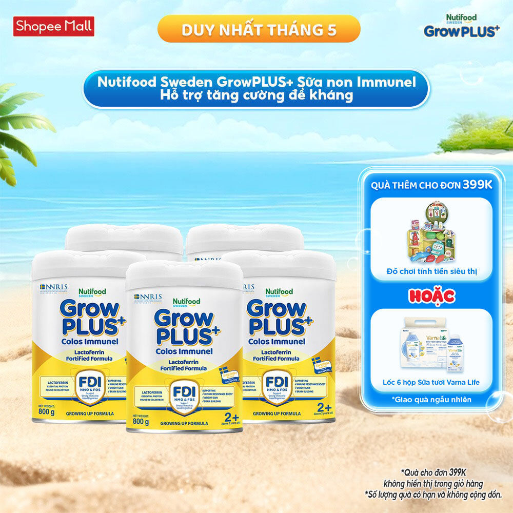 Combo 5 Sữa Bột Nutifood Sweden GrowPLUS+ Sữa Non Immunel trên 2 tuổi lon 800g (Bao bì tuỳ lô hàng)