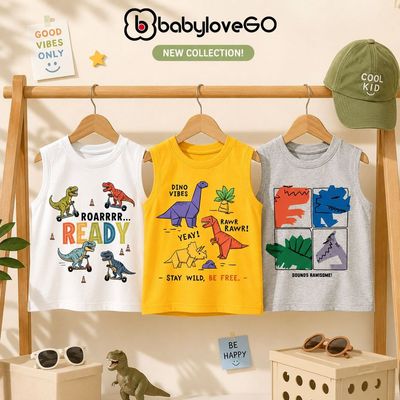 Áo ba lỗ cho bé trai BabyloveGO, áo 3 lỗ cổ tròn chất thun cotton mềm mịn thoáng mát in hình khủng long cho bé 1-10 tuổi