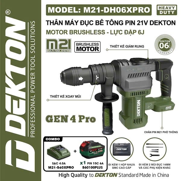 Thân máy đục bê tông pin DEKTON M21-DH06XPRO, Gen 4 Pro Không chổi than Lực dập 6J-