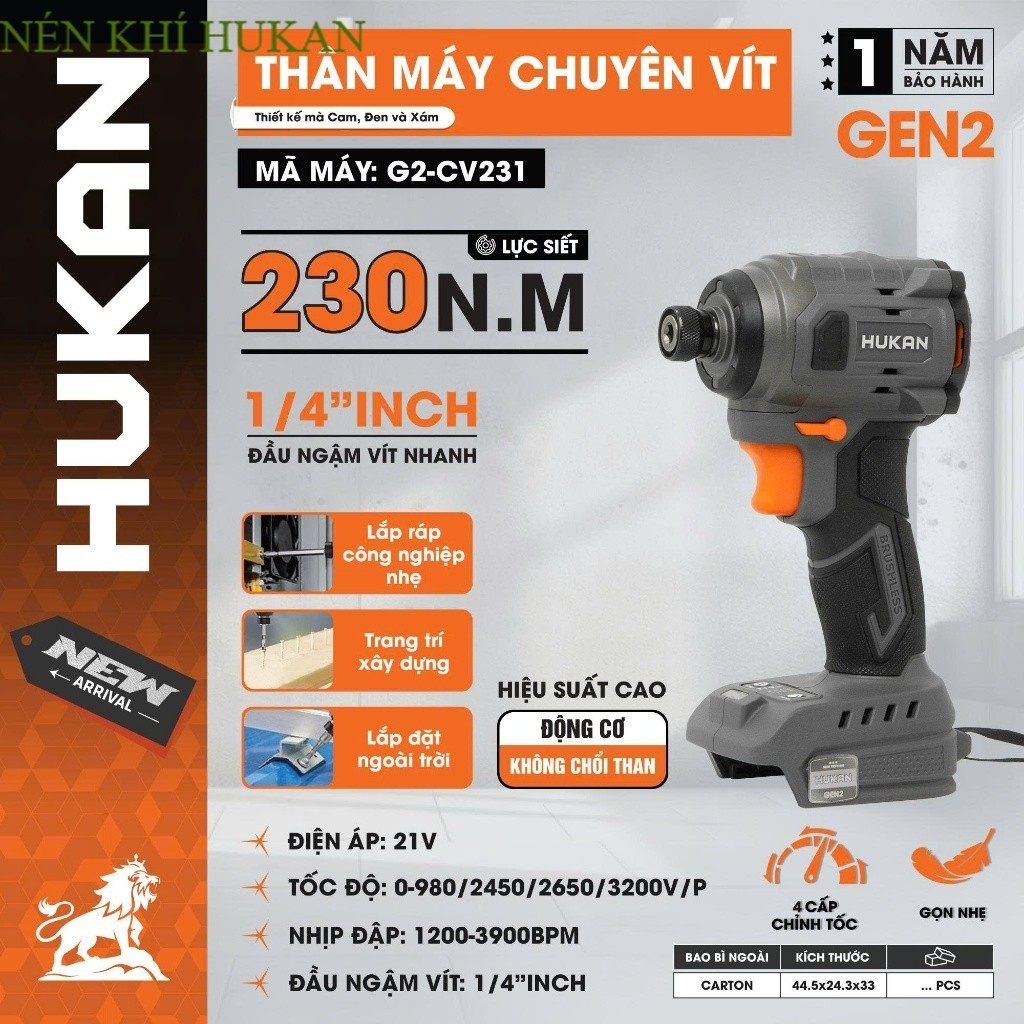 Nén Khí HUKAN Thân máy chuyên vít pin HUKAN G2-CV231, Không chổi than 230Nm, 4 Tốc độ