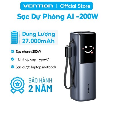 Sạc dự phòng nhanh 27.000mAh 200W, Cáp Type-C tích hợp 240W, Màn hình kỹ thuật số TFT với khuôn mặt cười AI, 2 cổng USB-A / C