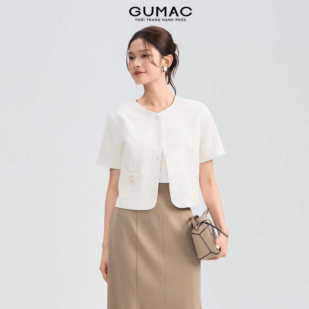 Áo khoác blazer nữ tay ngắn GUMAC form suông lửng cổ tròn chất cotton xược đứng form có lớp lót OWG0