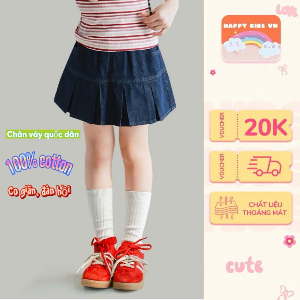 Chân váy Jean 100% cotton co giãn cao cấp, dáng xếp ly siêu xinh cho bé gái từ 8-45kg Happy Kids V01