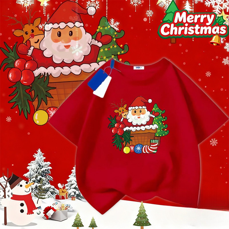 COD (Hồ Chí Minh) Sản phẩm mới Áo T-shirt tiệc đội nhóm Giáng sinh Áo đỏ Mẫu trẻ em 2026 Cổ tròn Áo 