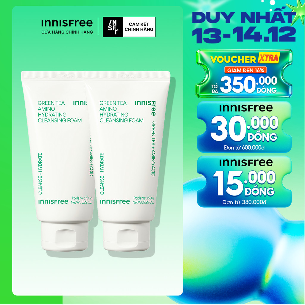Bộ 2 Sữa rửa mặt làm sạch và cấp ẩm từ trà xanh Innisfree Green Tea Hydramino Cleansing Foam 150g