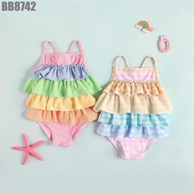 Đồ Bơi Bé Gái Liền Thân 2 Dây Xếp Tầng Bèo Cầu Vồng Kẻ Sọc Caro MINTSCLOSET BB8742